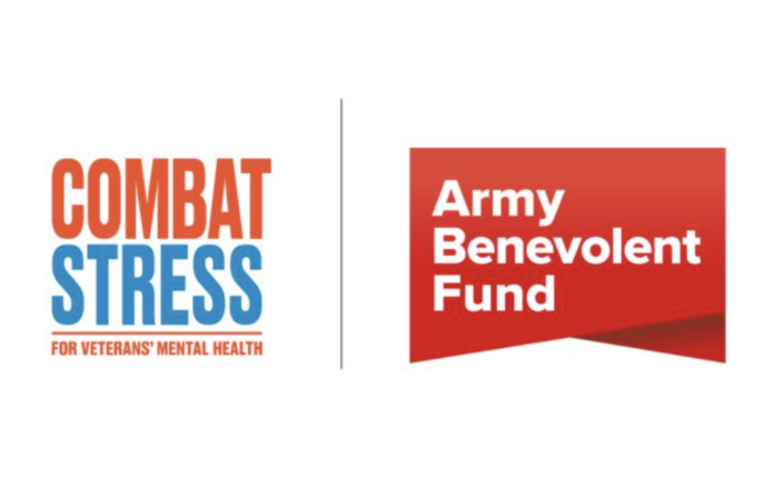 Logos for Combat Stress (veterans’ mental health services) on the left and Army Benevolent Fund, shown on a red background, on the right.