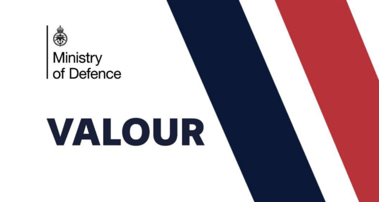 Ministry of Defence logo with the word "VALOUR" on a white background, featuring navy blue and red diagonal stripes inspired by RAF Brize Norton and representing pride in new homes for military families.