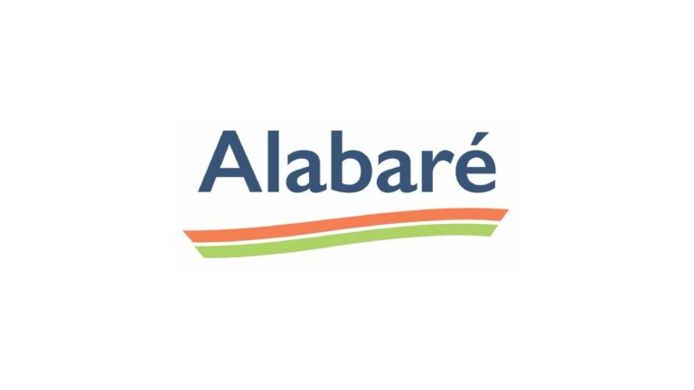 The "Alabaré" logo features blue text above orange and green wavy lines on a white background, symbolising support for veterans’ wellbeing.