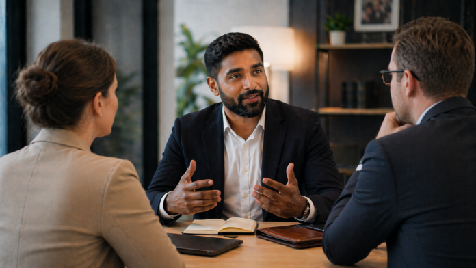 Three business professionals sit at a table having a discussion, with notebooks and folders in front of them in a modern office setting, as one explains their military experience to enhance civilian understanding.