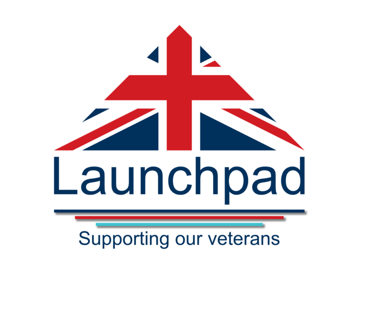 Logo with a red, white, and blue triangle resembling the UK flag above the word "Launchpad" and the text "Supporting our veterans" underneath, highlighting Alabaré’s commitment to veterans’ wellbeing programmes.