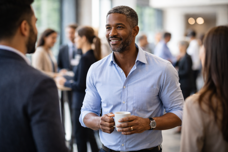 Man holding a cup and smiling whilst engaging in networking with colleagues at a professional networking event in a bright, modern indoor space.