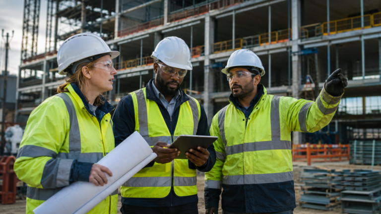 Three construction workers in safety gear discuss plans at a building site—one holds plans, another a tablet, and the third points towards the structure under construction—showcasing rewarding construction careers.