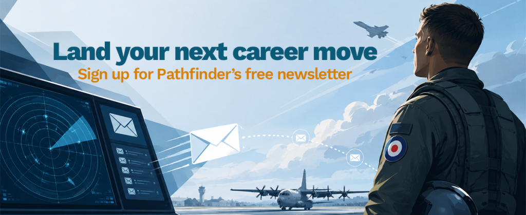 A pilot stands by a runway with aeroplanes, looking at a radar screen showing envelope icons. Text says “Land your next career move. Sign up for Pathfinder’s free newsletter.”.