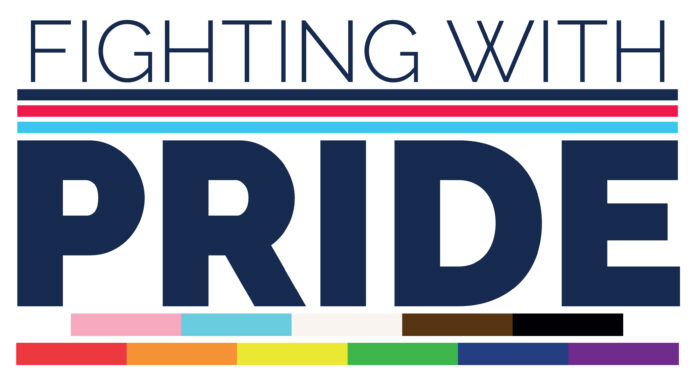 Text reads “Fighting With Pride” in bold letters above and below horizontal rainbow stripes, representing LGBTQ+ Pride, inclusivity, and honouring Royal Engineers at Catterick with a nod to their legacy in construction.