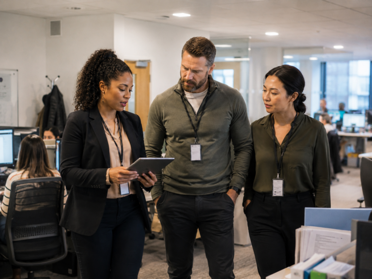 Three professionals stand in an office, with one demonstrating security information on a tablet to the other two. Computer workstations and colleagues are visible in the background, highlighting a focus on defence in their daily operations.